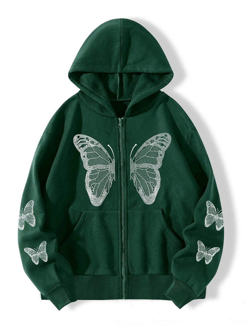 Butterfly print pocket hooded zipper sweatshirt for women