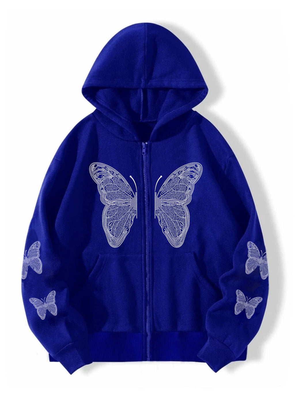 Butterfly print pocket hooded zipper sweatshirt for women