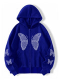 Butterfly print pocket hooded zipper sweatshirt for women