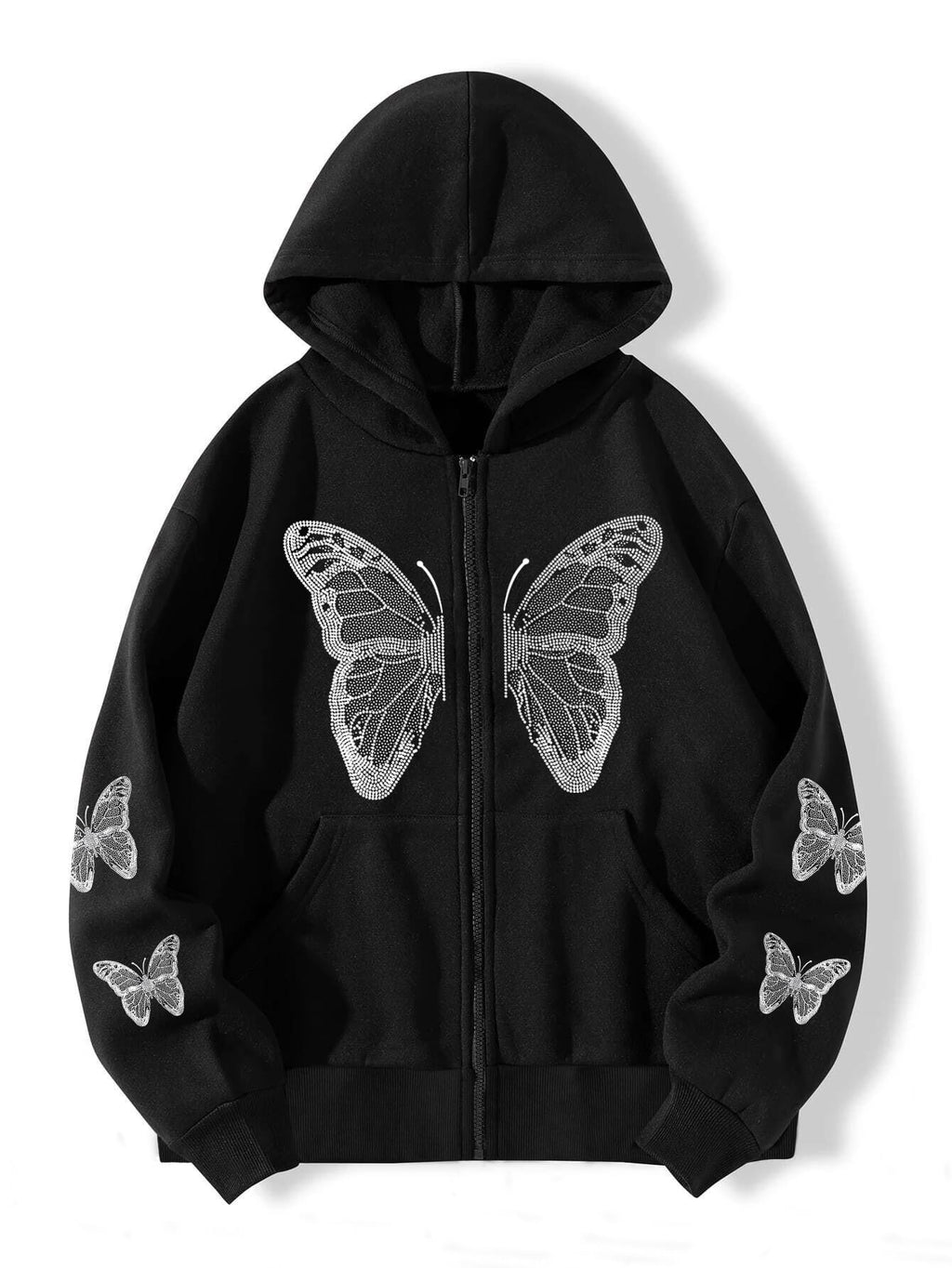 Butterfly print pocket hooded zipper sweatshirt for women