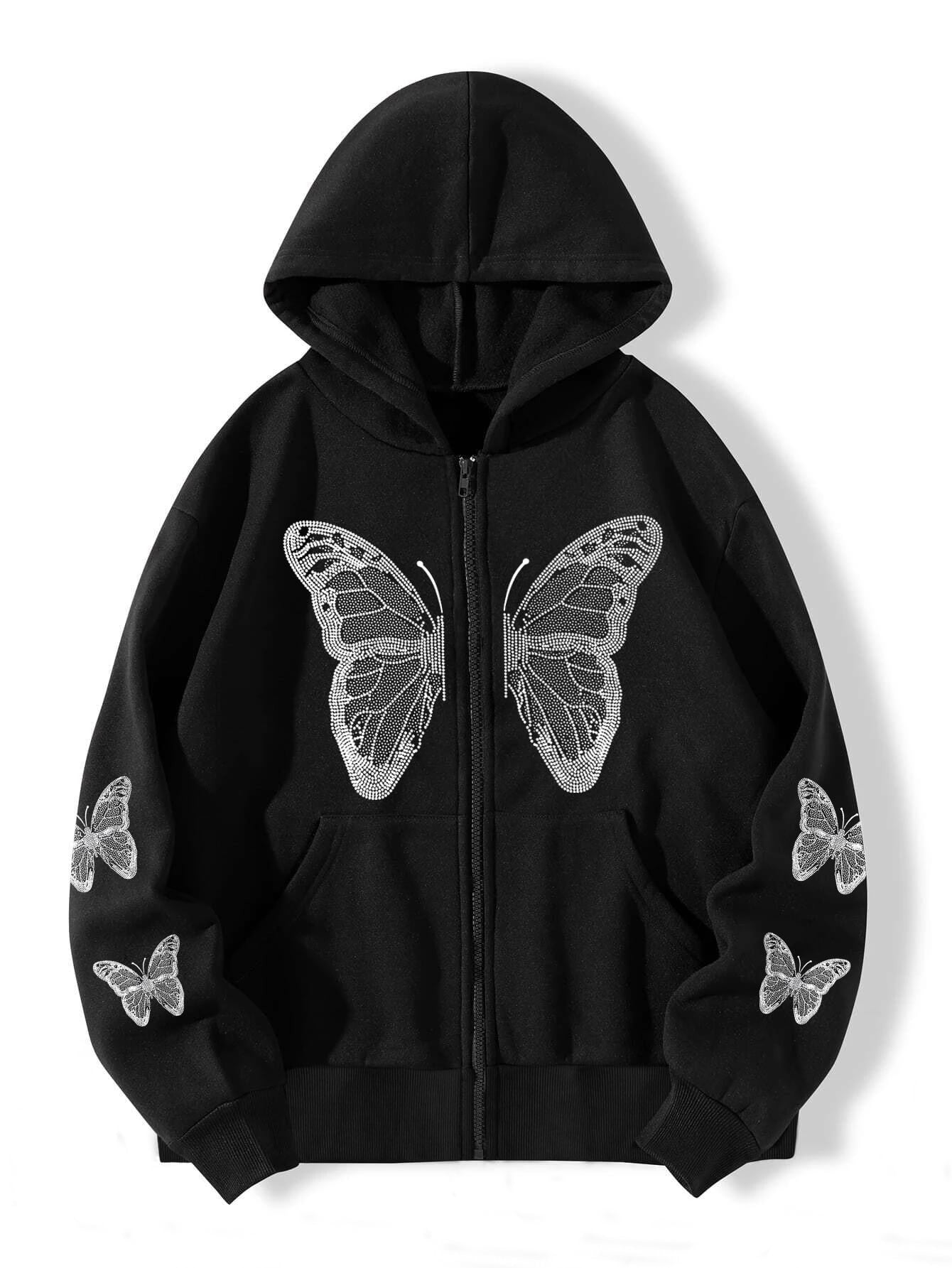 Butterfly print pocket hooded zipper sweatshirt for women