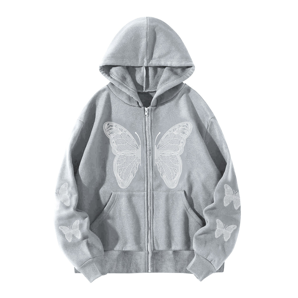 Butterfly print pocket hooded zipper sweatshirt for women