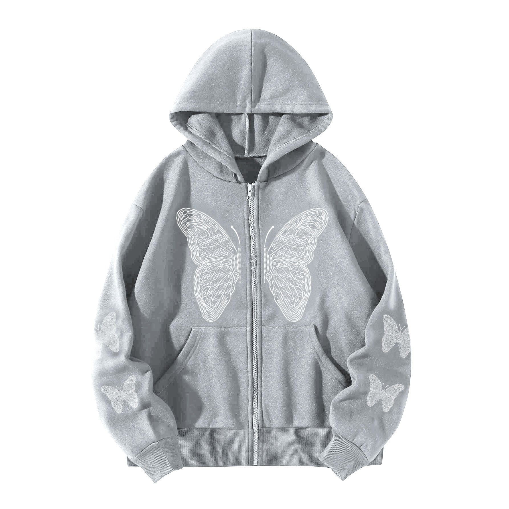 Butterfly print pocket hooded zipper sweatshirt for women